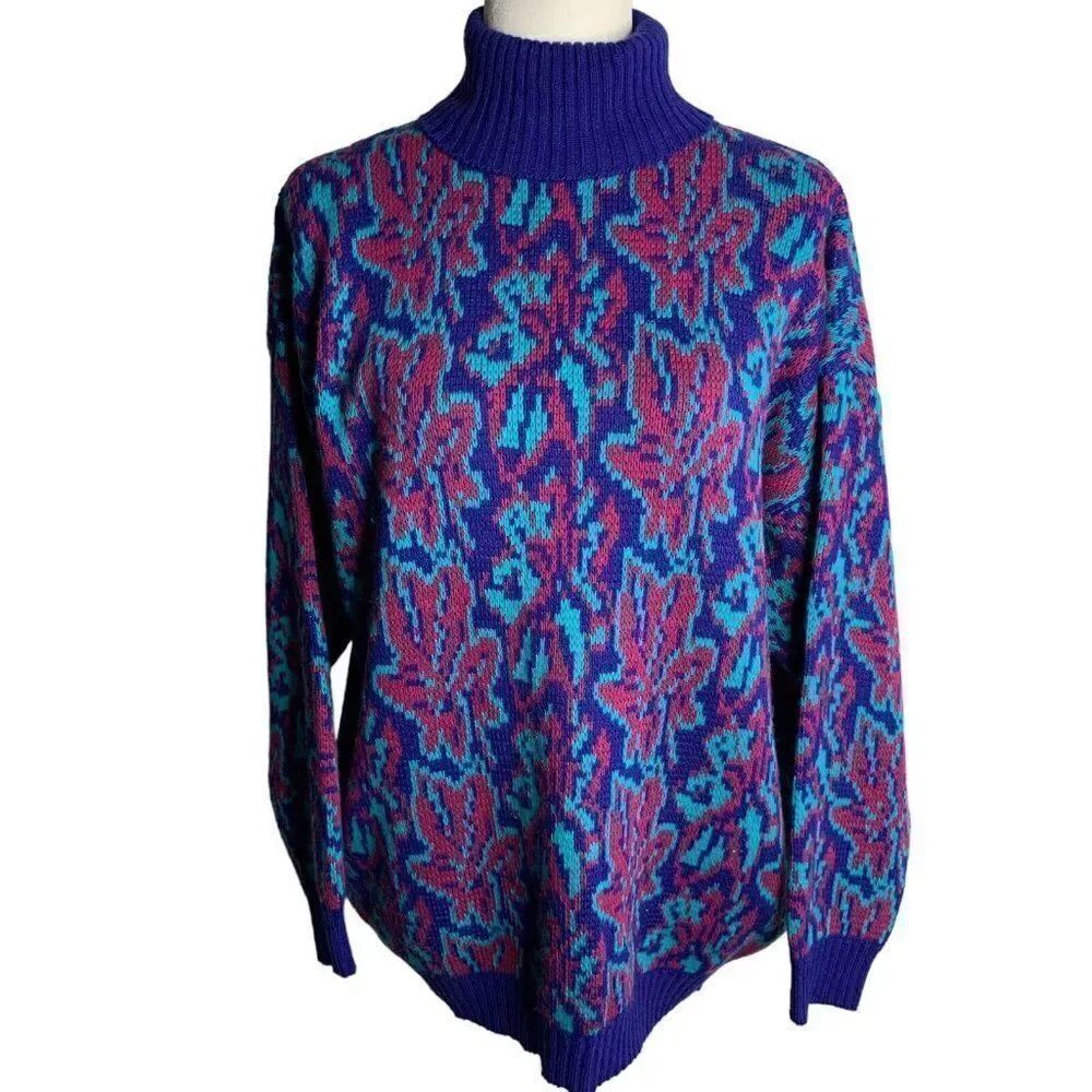 Vintage 80s Turtleneck Knit Pullover Sweater M Purple Floral Ski